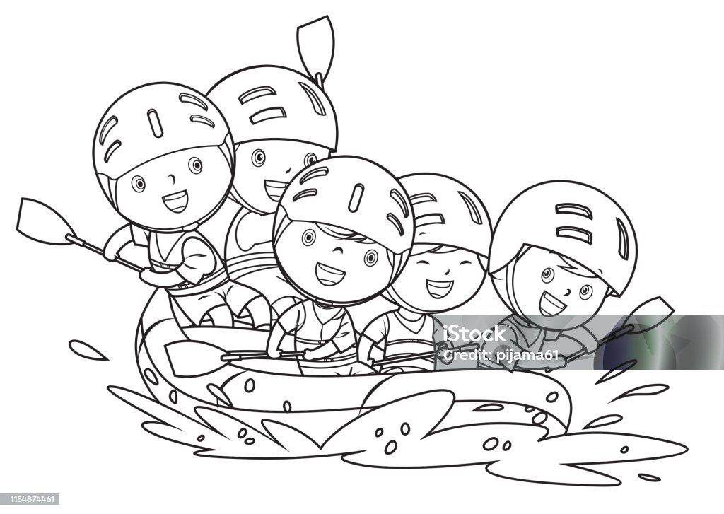 Coloring book kids rafting in a river stock illustration