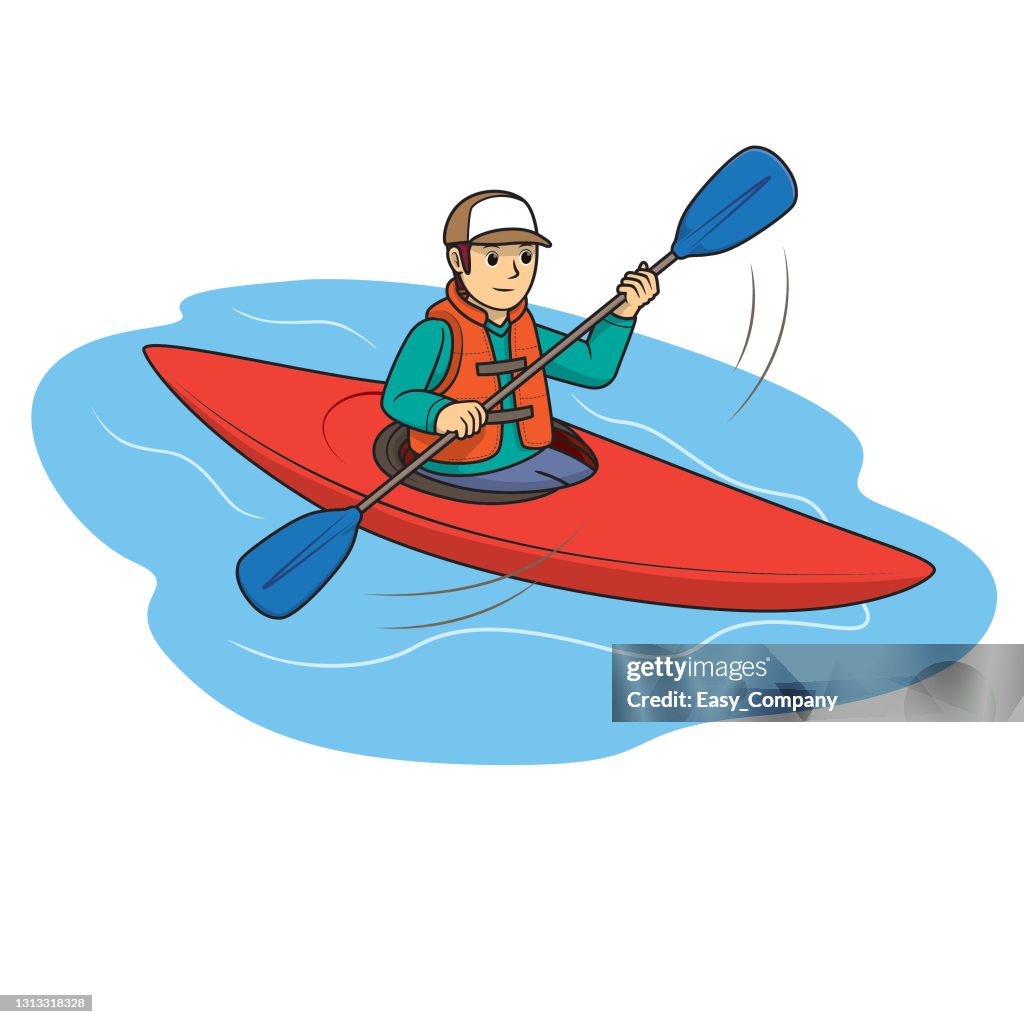 A man paddling in canoe or kayak extreme sports isolated on white background for preschool kid coloring activity worksheet parison drawing doodle art project first word book or flash card color cartoon