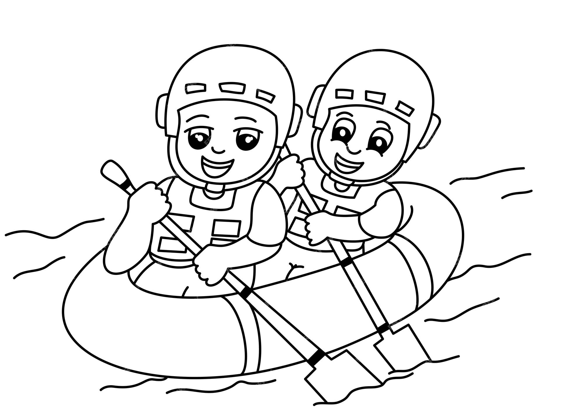 Premium vector kids playing rafting cartoon cute coloring page for kids vector