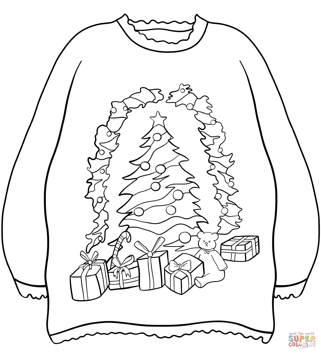 Sweater with christmas tree and presents coloring page free printable coloring pages