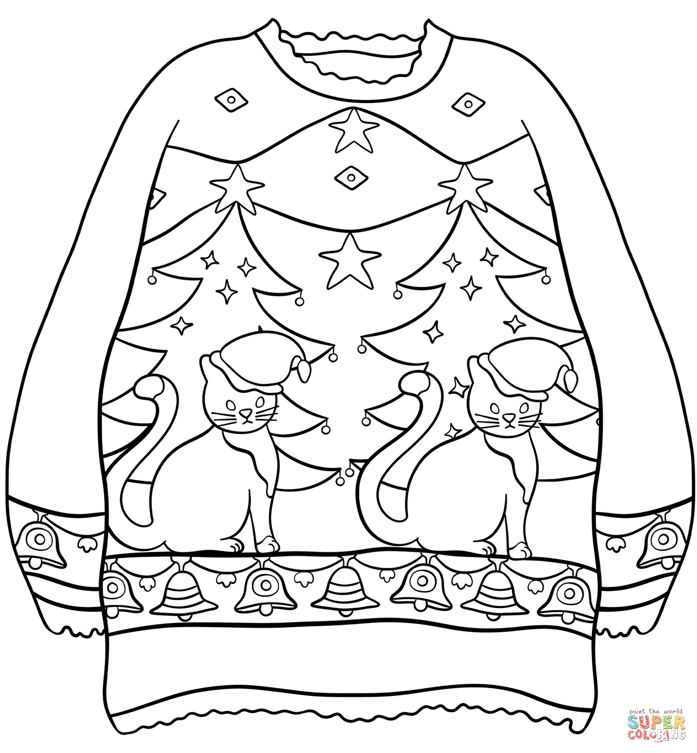 Sweater with christmas trees and cats coloring page free printable coloring pages