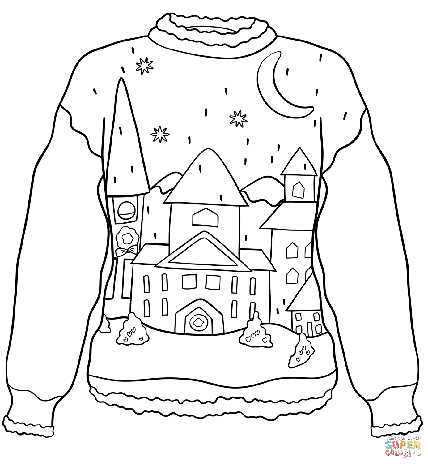 Christmas sweater with winter town coloring page free printable coloring pages