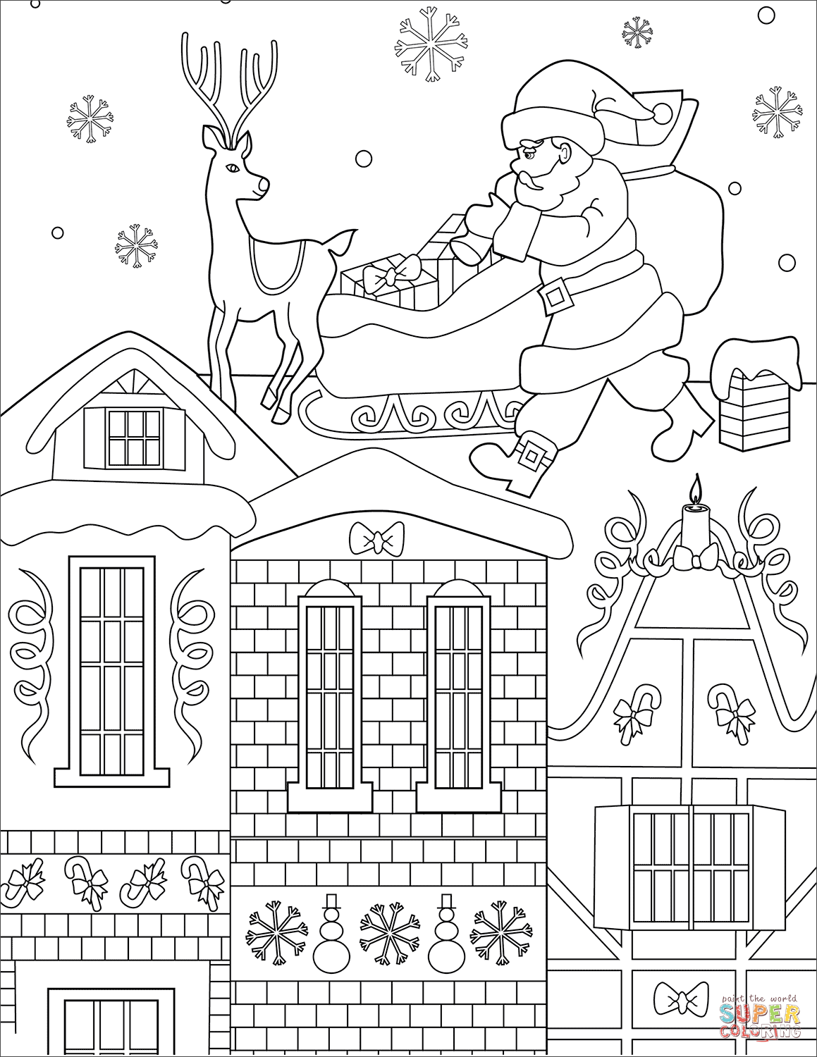 Santa on rooftop coloring page free printable coloring pages