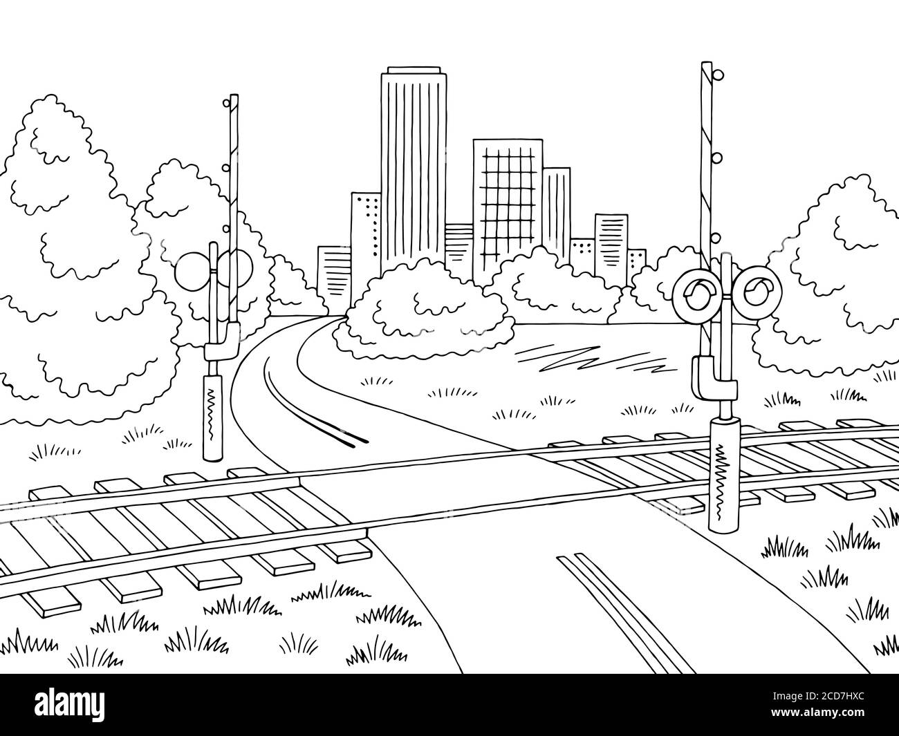 Railroad crossing road graphic black white city landscape sketch illustration vector stock vector image art