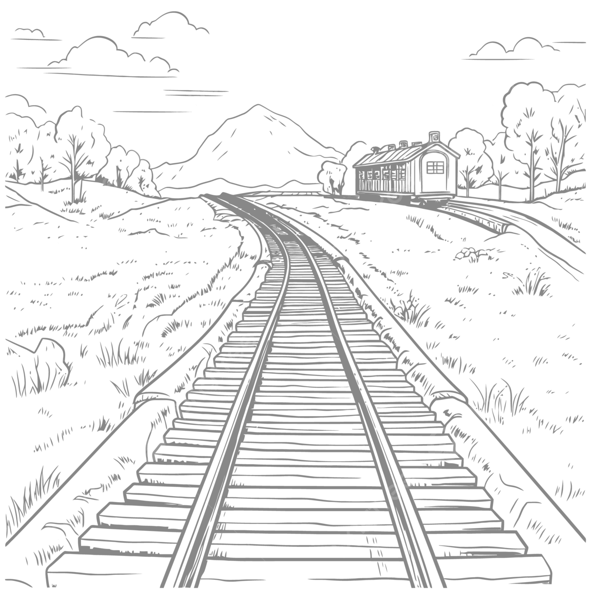 Train tracks and road vector coloring page outline sketch drawing road drawing train drawing wing drawing png and vector with transparent background for free download