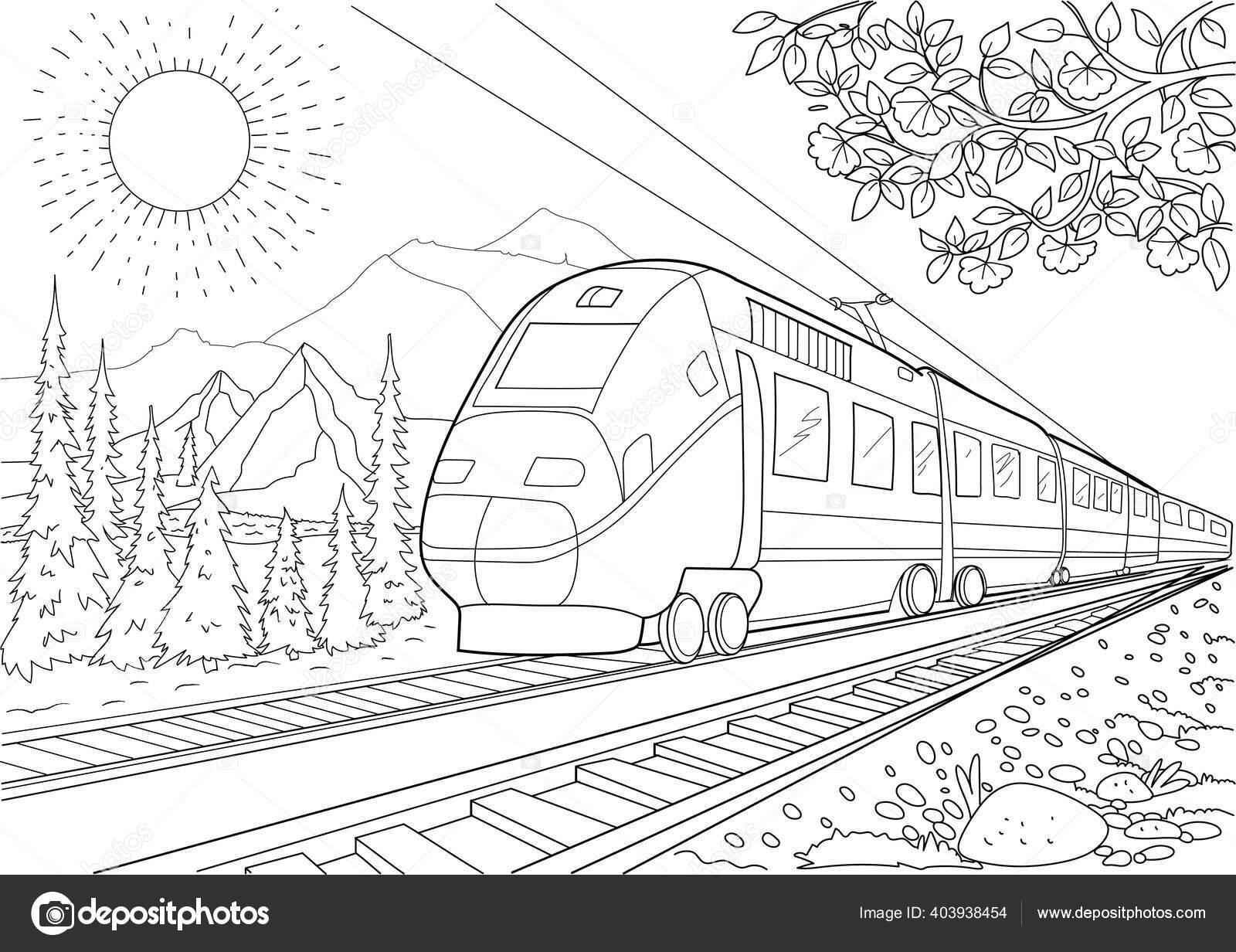 Model train railroad coloring page mountains stock vector by zolgagmail