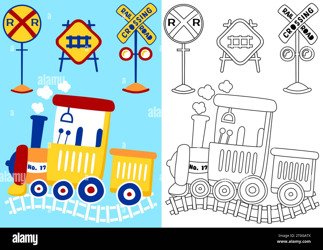 Steam train with railroad signs vector cartoon illustration coloring book or page stock vector image art