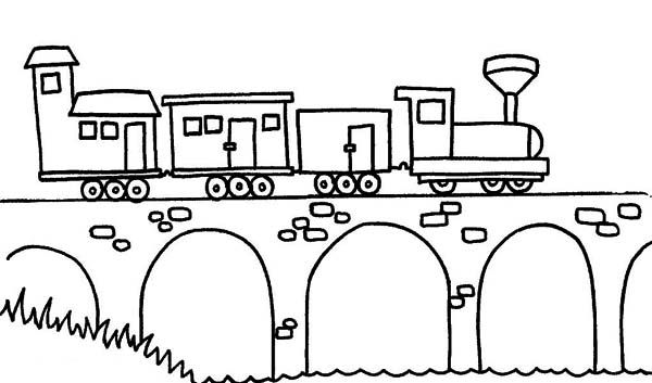 Steam train passing the bridge coloring page