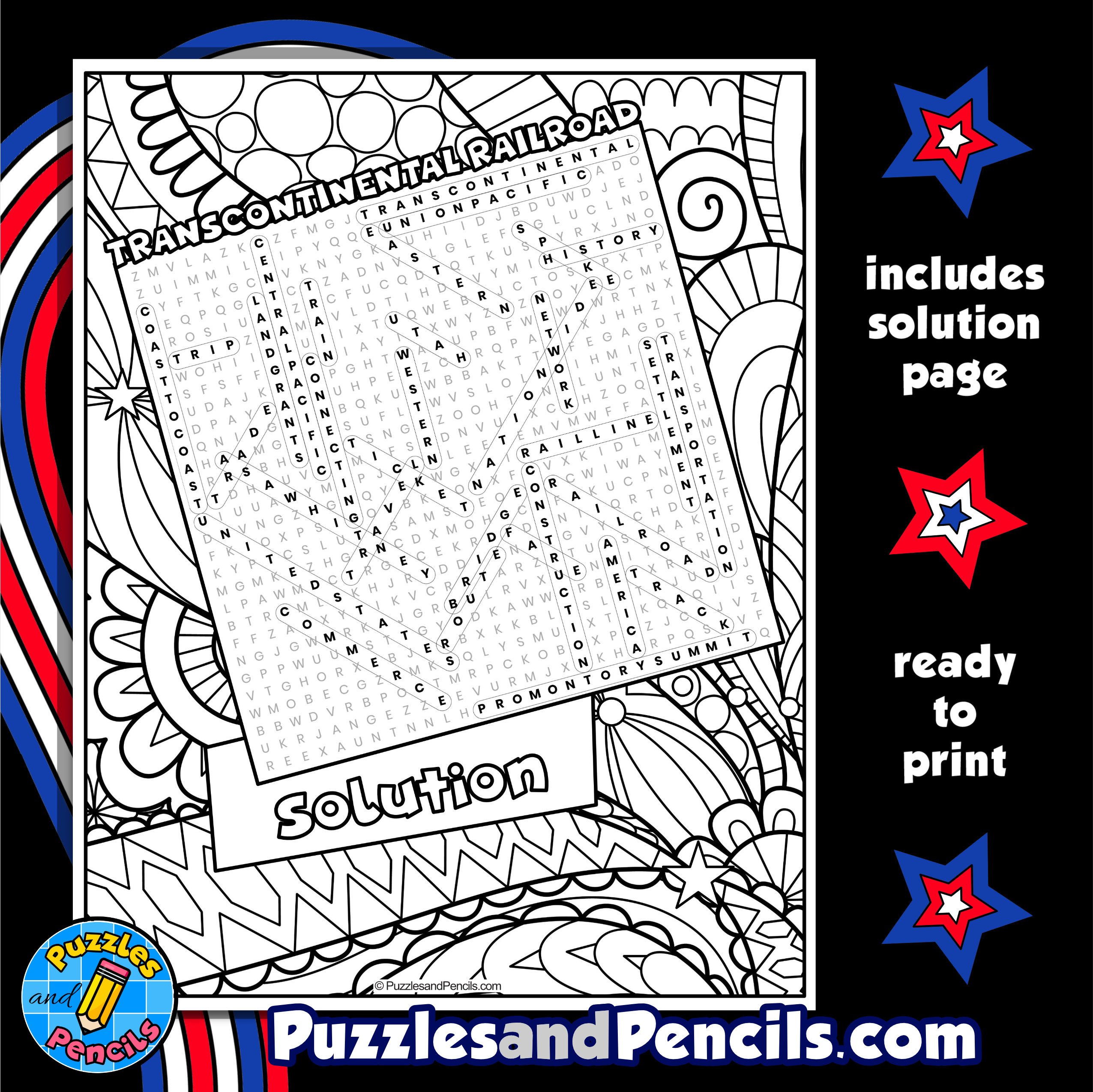 Transcontinental railroad word search puzzle with coloring us history wordsearch made by teachers