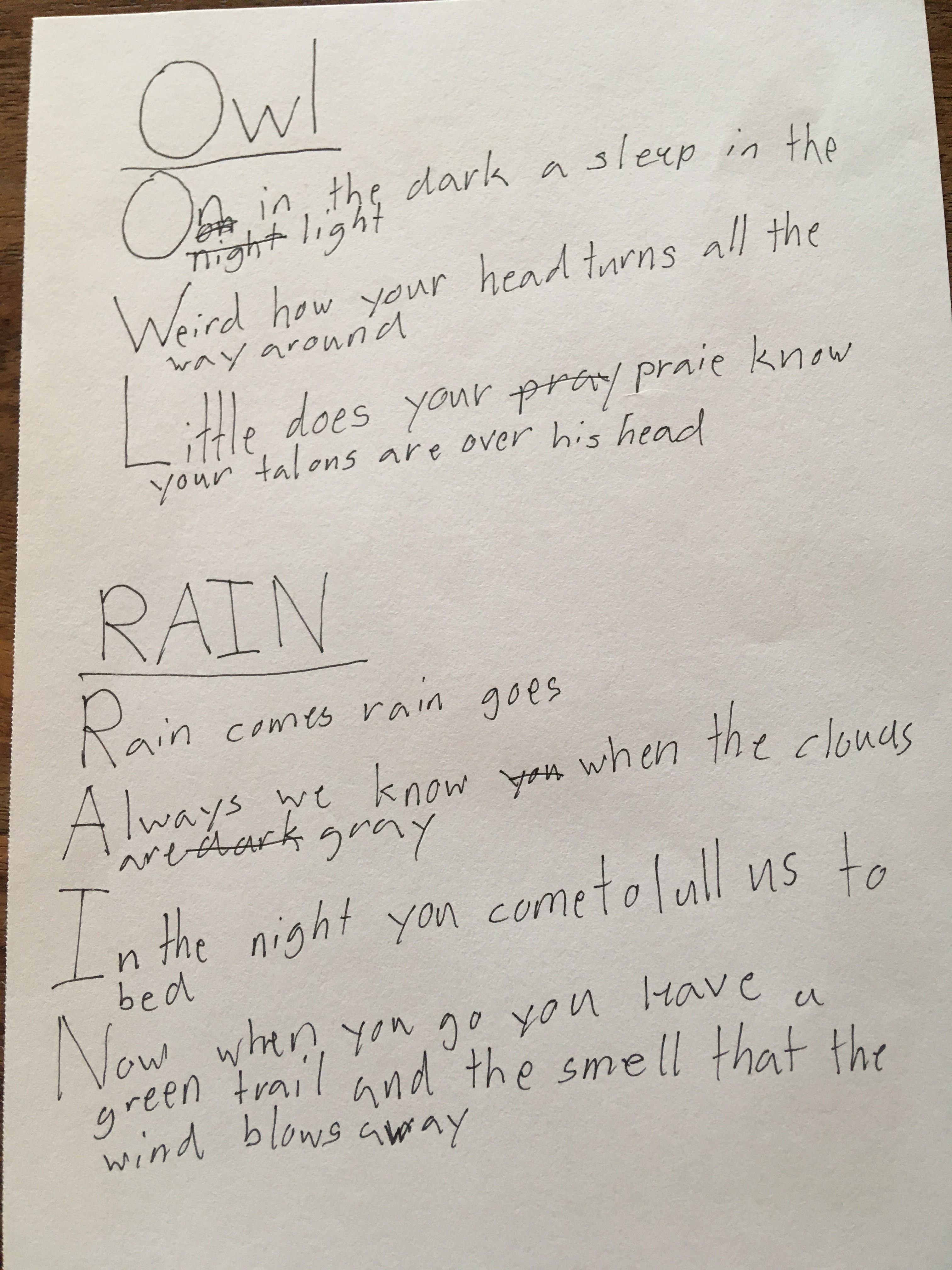 Acrostic poem â owl rain buttons figs