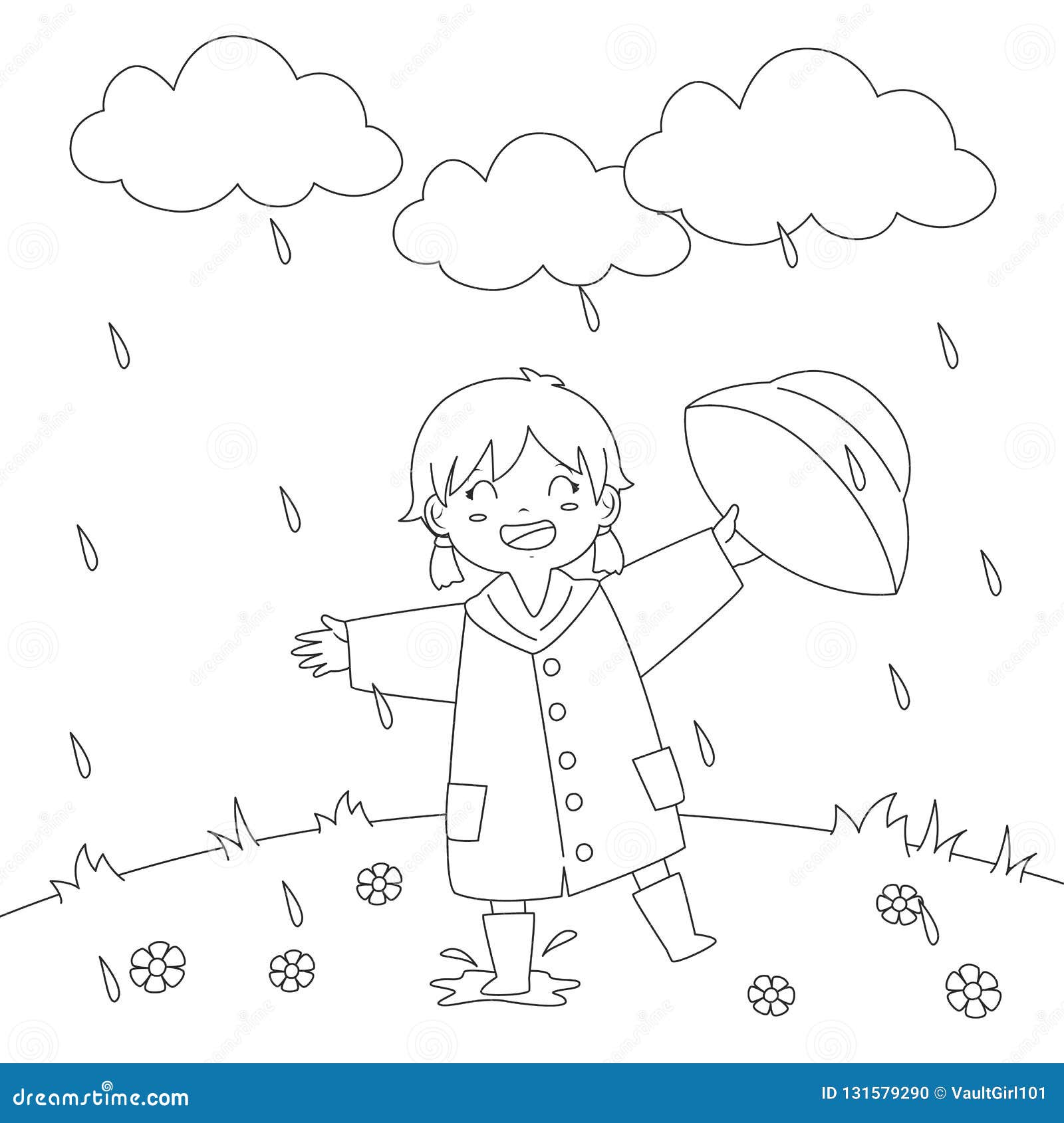 Girl playing under the rain coloring page vector design stock vector