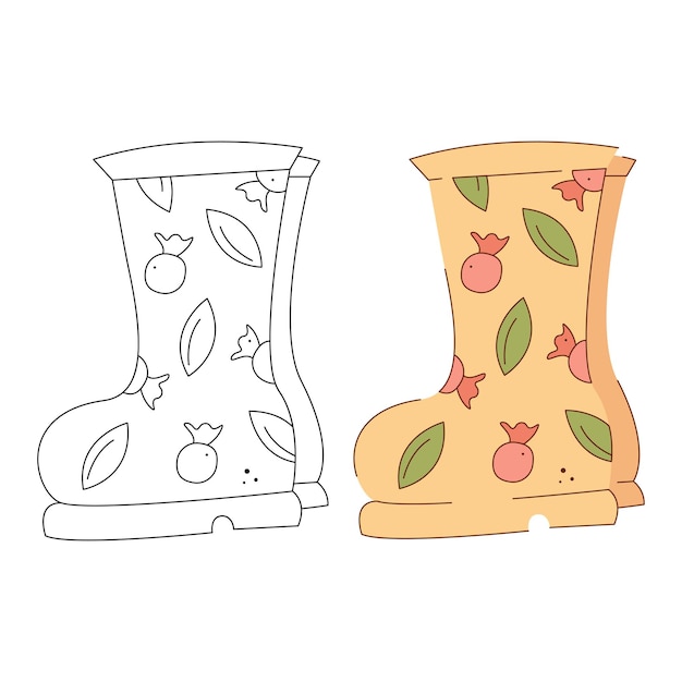 Premium vector rubber boots with berries and leaves pattern black and white and color clipart vector illustration