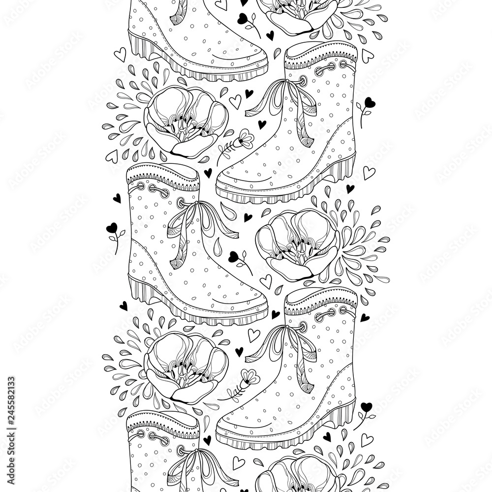 Vector vertical seamless pattern with outline open tulip flowers rubber boot and hearts in black on the white background ornate contour tulips and gumboot for springtime design and coloring book vector