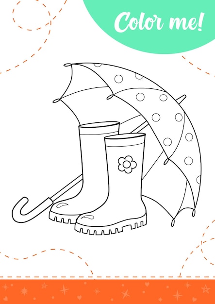 Premium vector coloring page for kids with rubber boots and umbrella