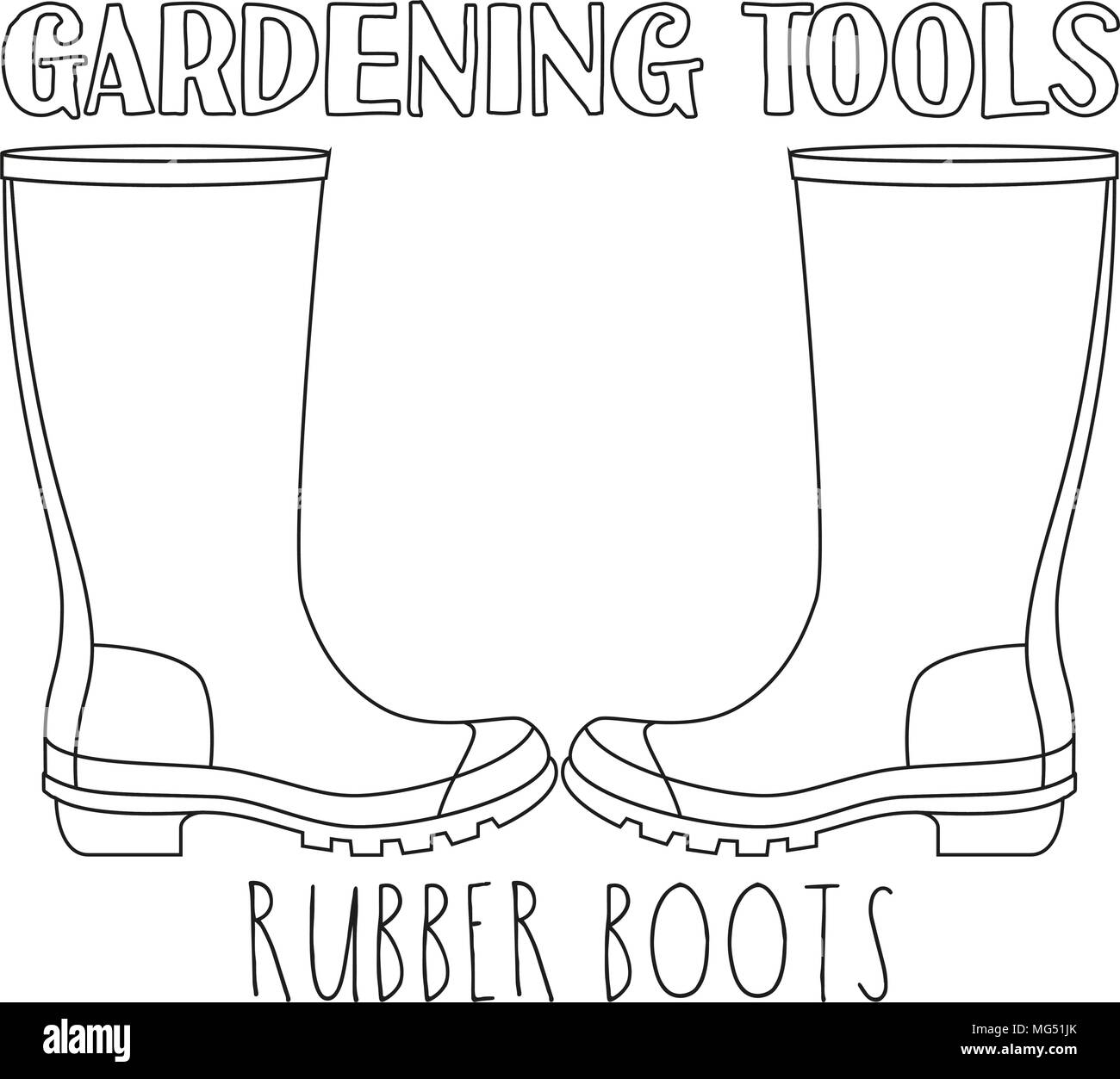 Line art black and white rubber boots coloring book page for adults and kids garden tool vector illustration for gift card certificate sticker badg stock vector image art