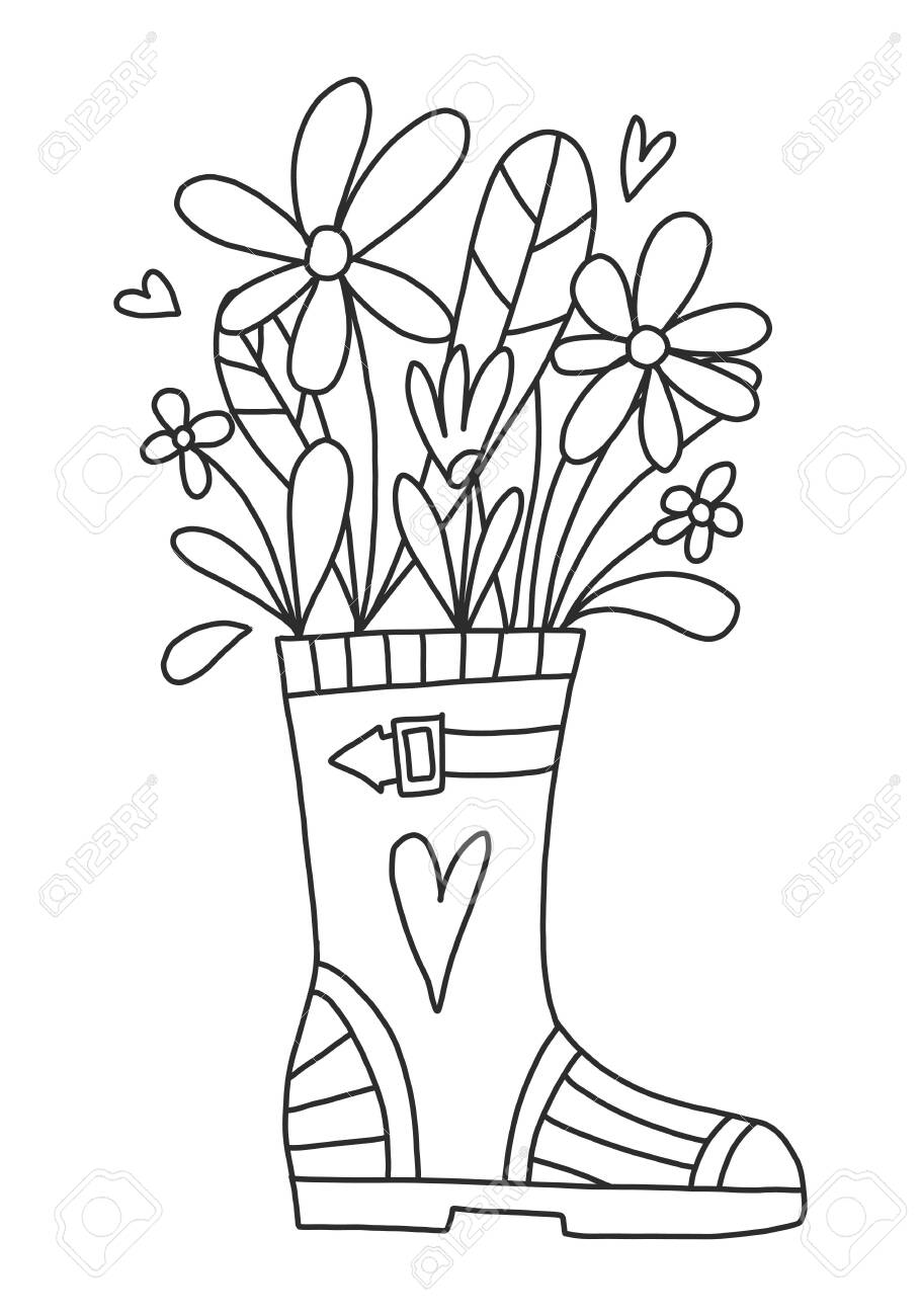 Vector coloring book for adults and children a bouquet of field flowers in a rubber boot spring black and white illustration for creativity at home spring series of coloring pages for creative