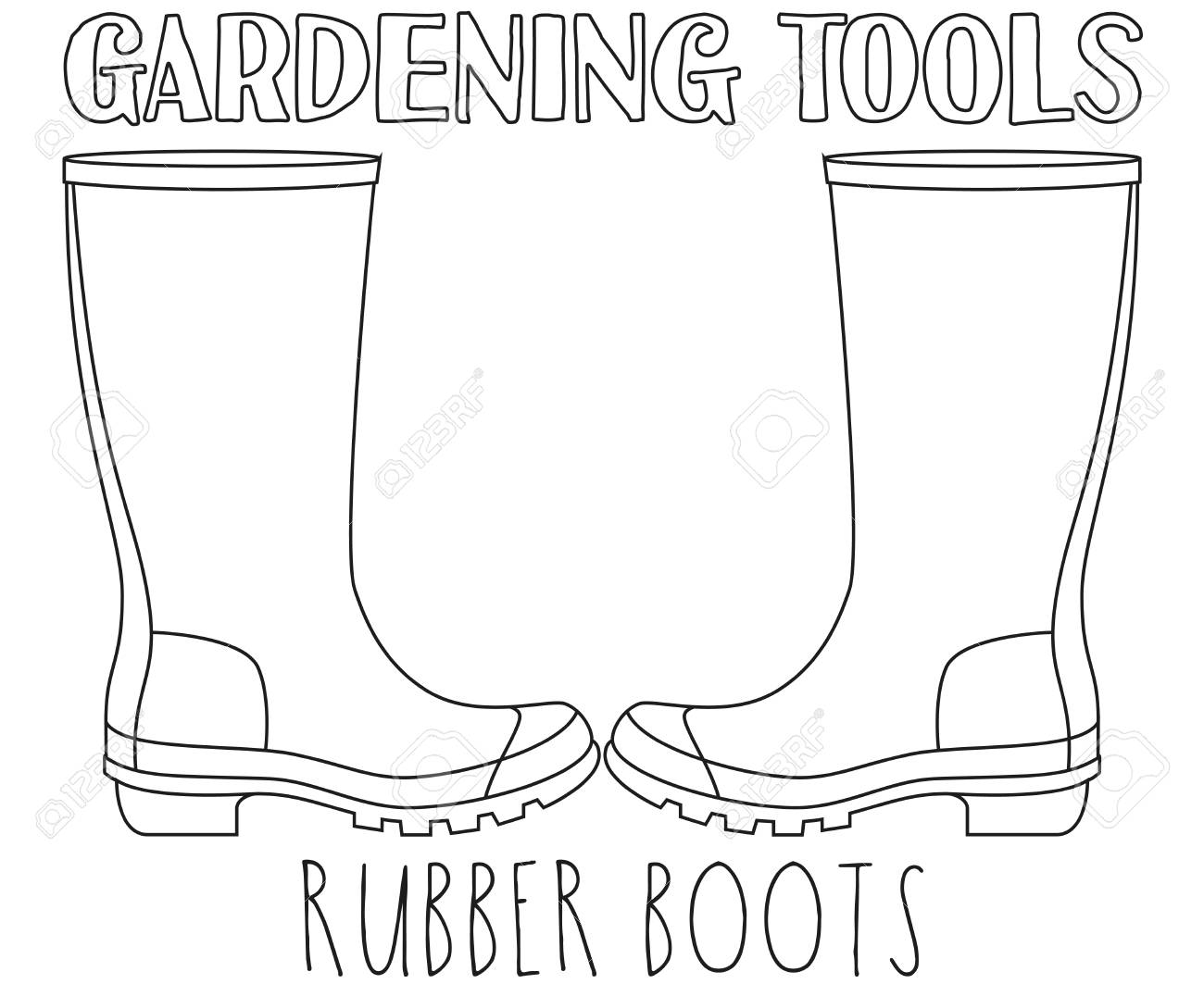 Line art black and white rubber boots coloring book page for adults and kids garden tool vector illustration for gift card certificate sticker badge sign stamp logo label icon poster banner royalty