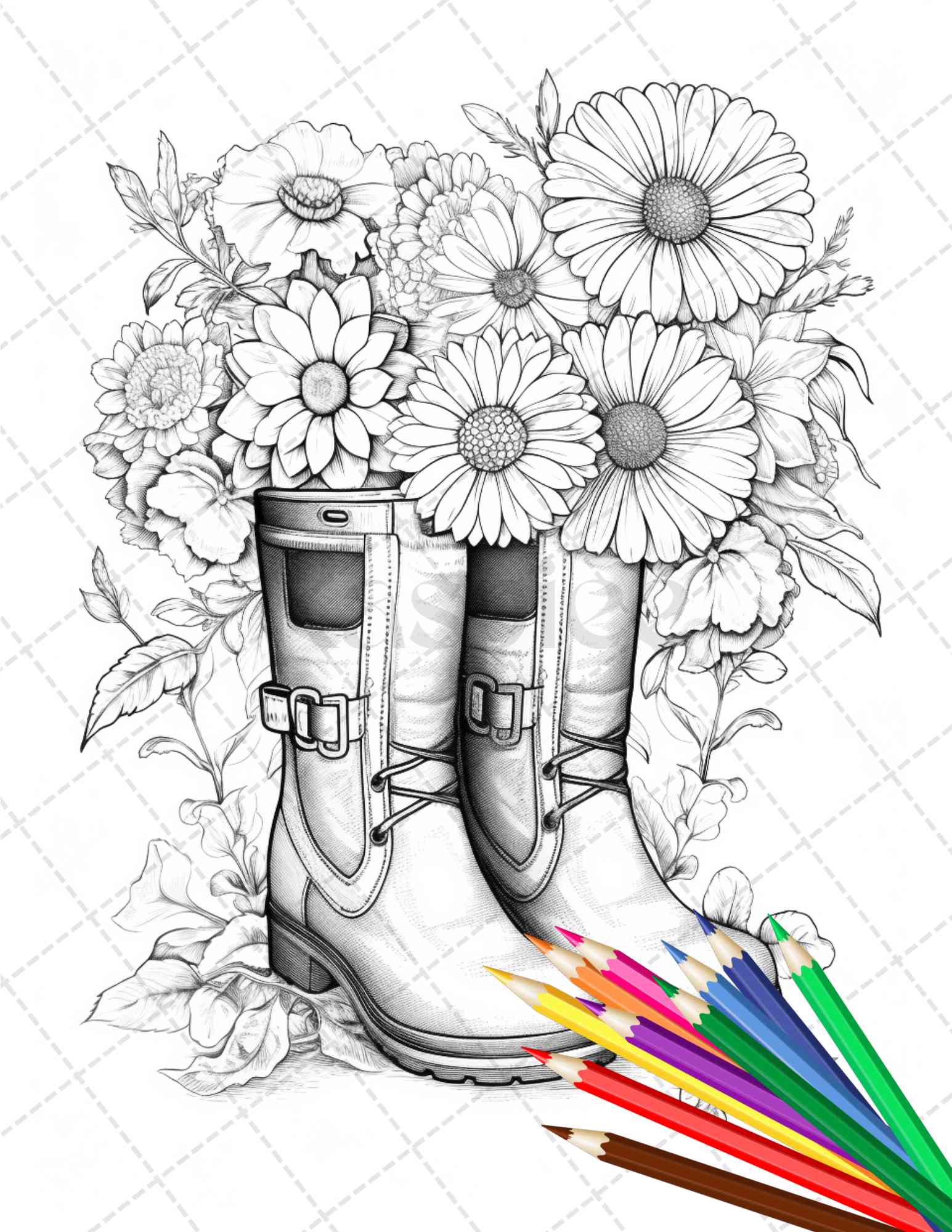 Flower boots coloring pages printable for adults floral grayscale â coloring