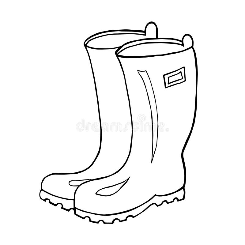 Illustration with autumn rubber boots line drawing vector graphics black and white picture for coloring stock vector