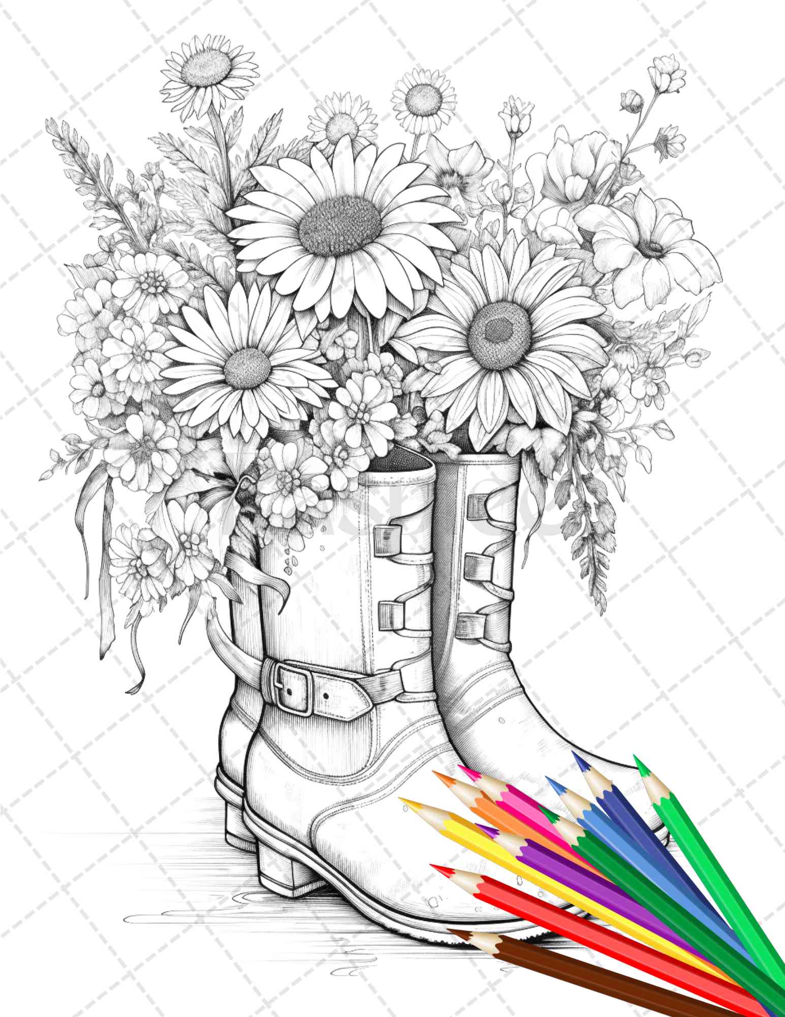 Flower boots coloring pages printable for adults floral grayscale â coloring