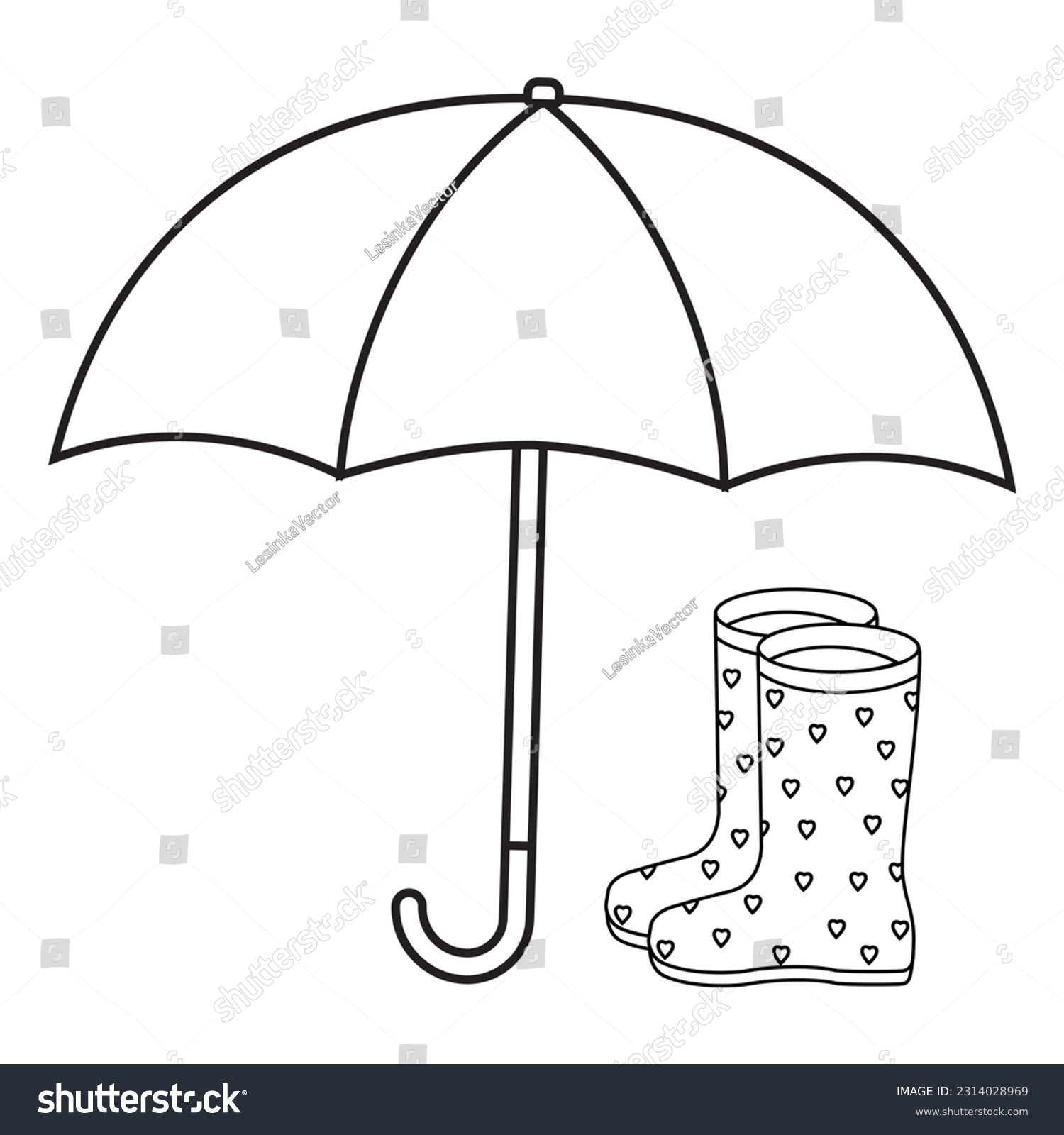 Coloring page kids rubber boots umbrella stock vector royalty free