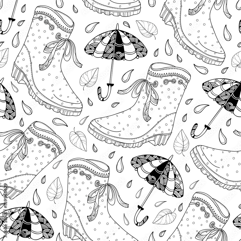 Vector autumn seamless pattern with outline rubber boots falling leaves umbrella and raindrops in black on the white background contour monochrome pattern for autumn design and coloring book vector