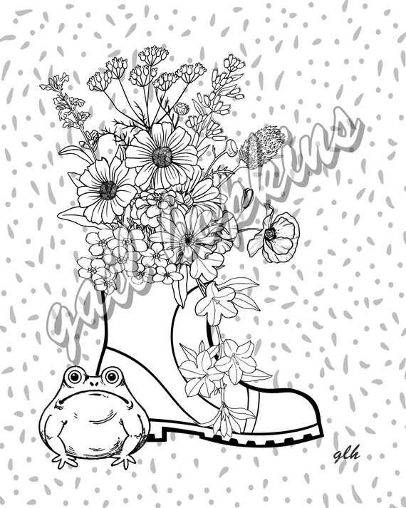 Rain boot with frog coloring page for flower lovers bouquet of beautiful flowers with a whimsical frog