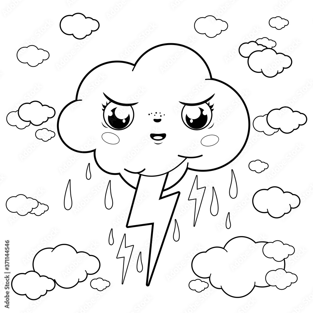 Stormy cloud character in the sky with rain and thunder vector black and white coloring page vector