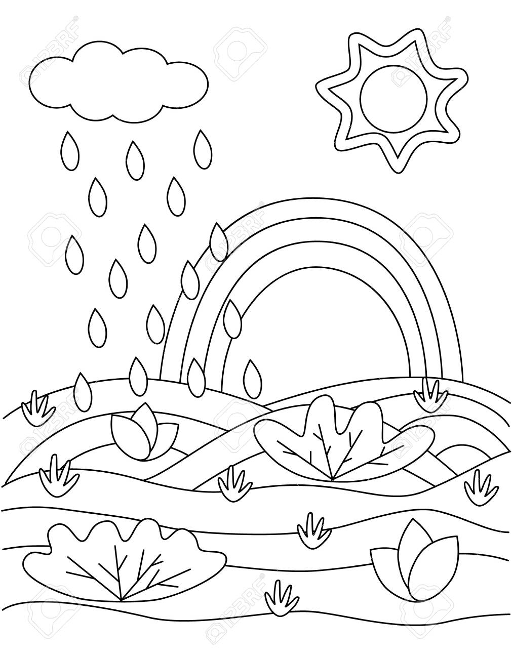 Cute childrens coloring book with cloud rain sun grass for small children the simplest forms basic lines and silhouettes simple vector illustration stock photo picture and royalty free image image