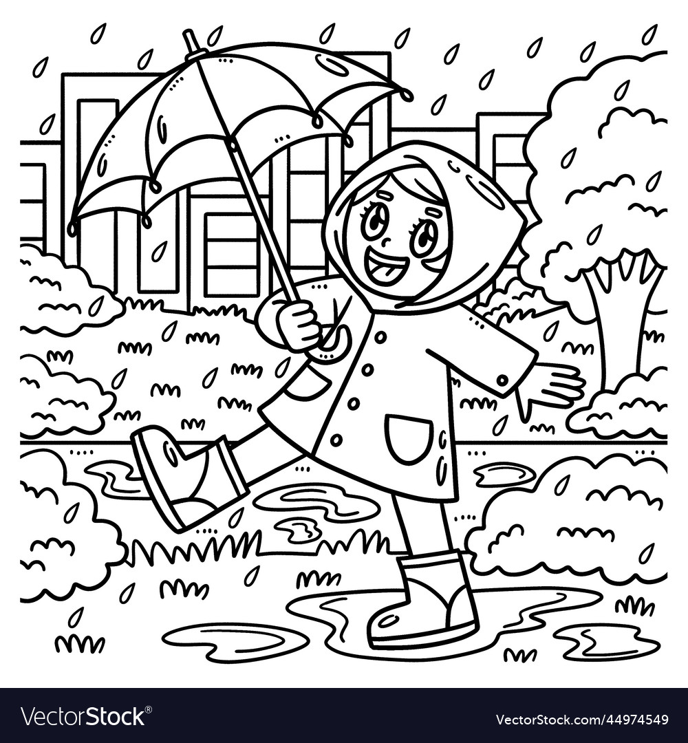 Spring girl enjoying the rain coloring page vector image