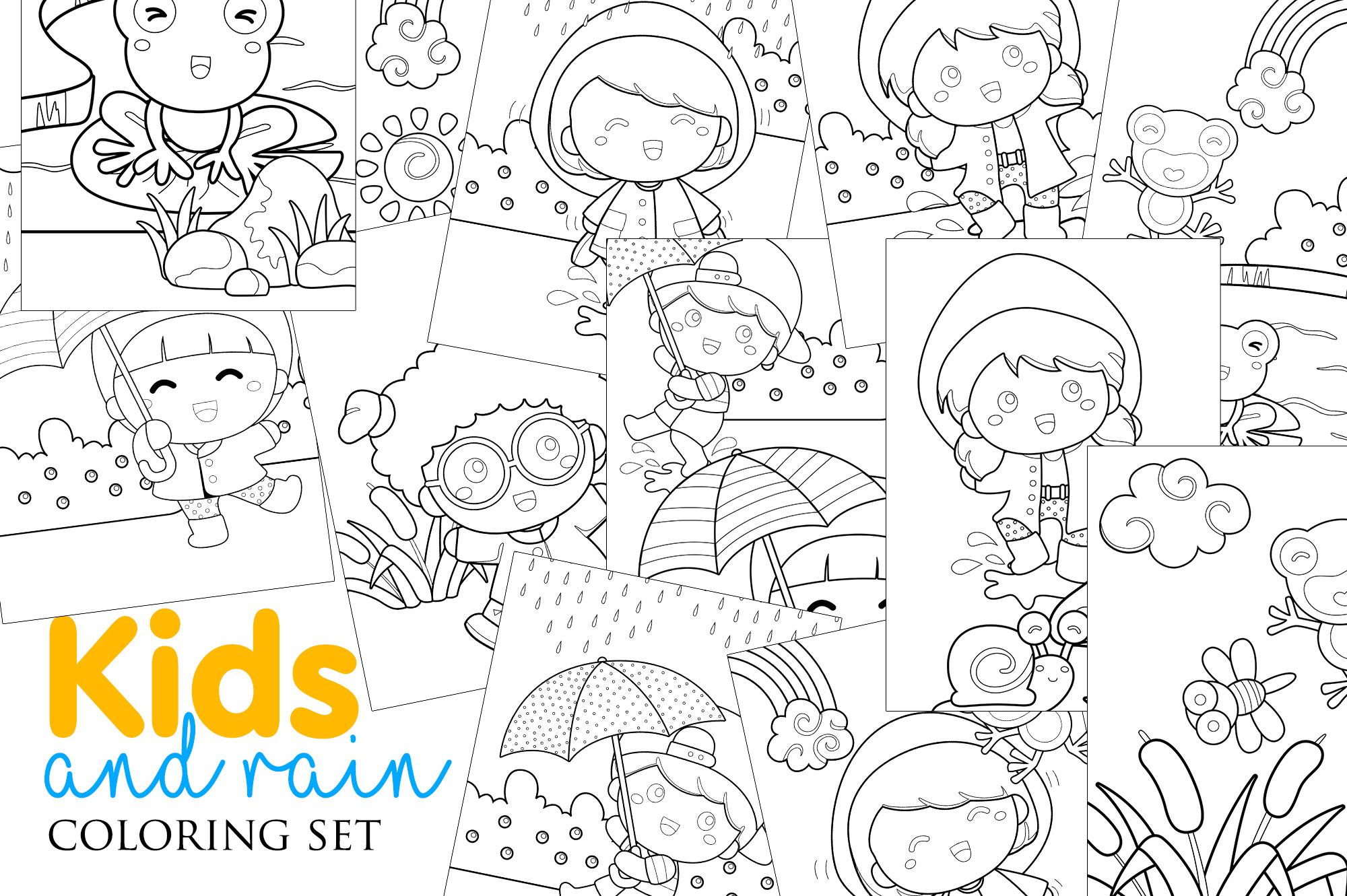 Happy kids playing at garden in rainy day with animals coloring pages