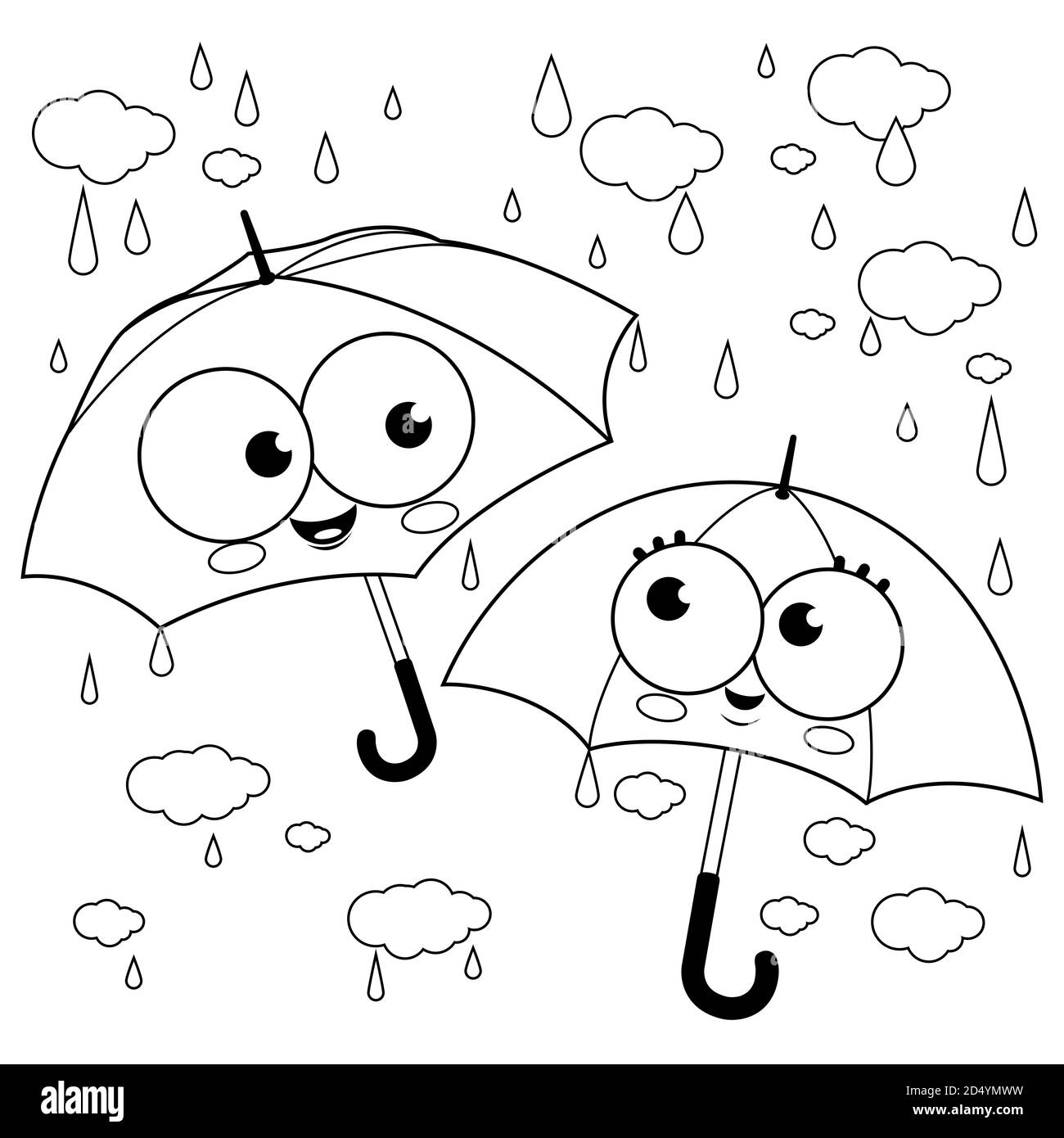 Cute umbrella characters in the rain black and white coloring page stock photo