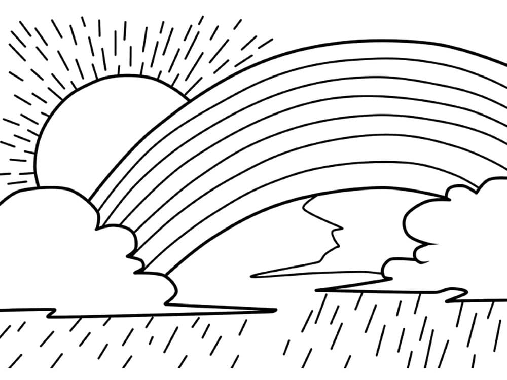 Drawing of a rainbow and strong rain coloring page