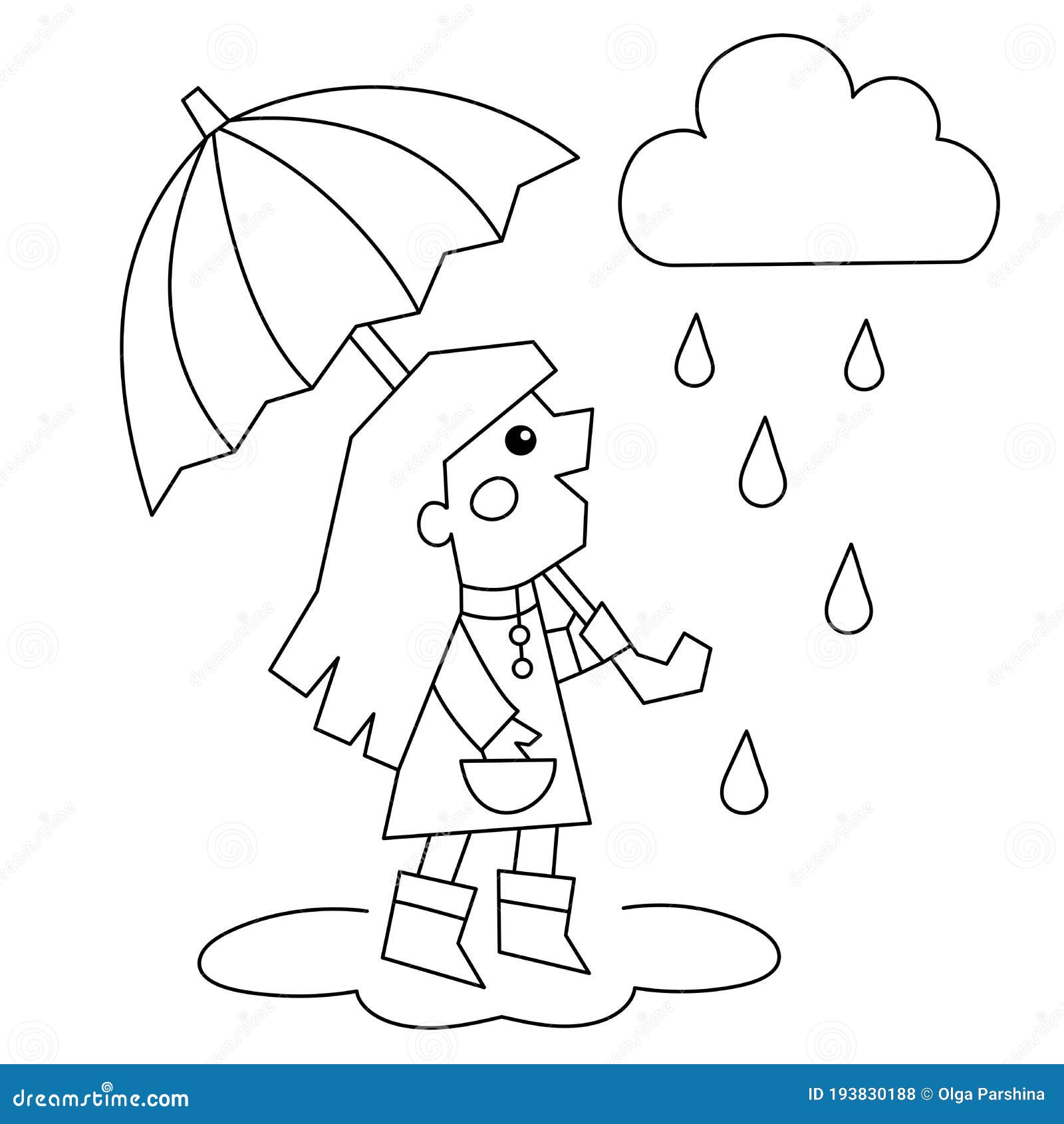 Coloring page outline of a girl walking in the rain coloring book for kids stock vector