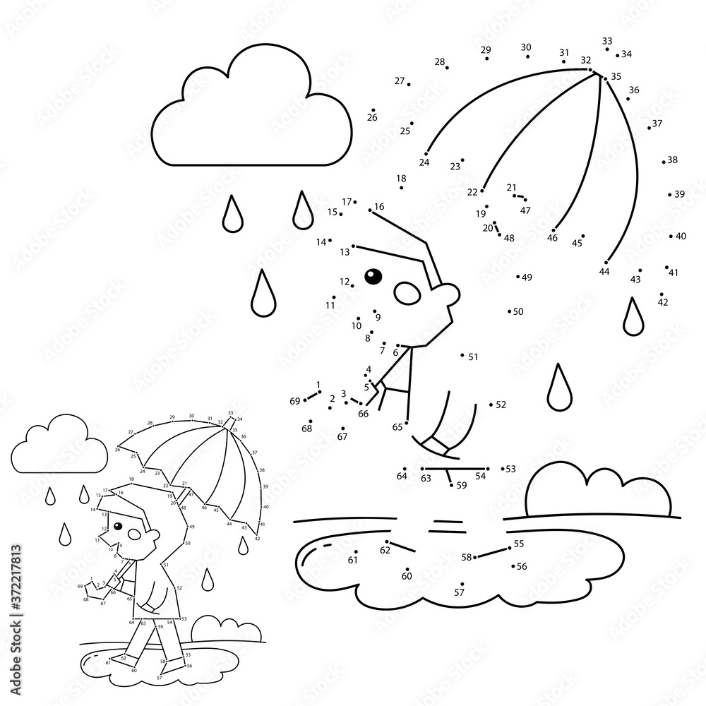 Numbers game for kids coloring page outline of a boy walking in the rain coloring book for children vector