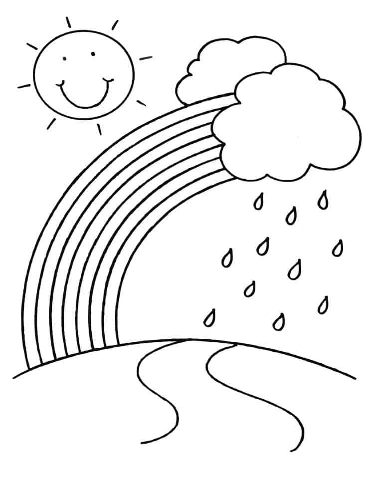 Painting of a rainbow in a smiling sun and rain coloring page