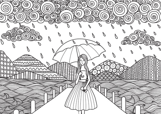 Girl walking in the rain coloring page decal â