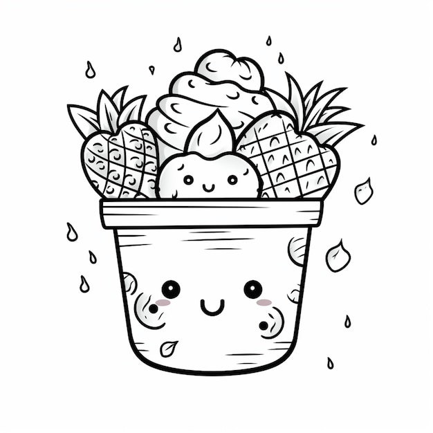 Premium ai image coloring pages of fruits and vegetables in a bucket with rain drops generative ai