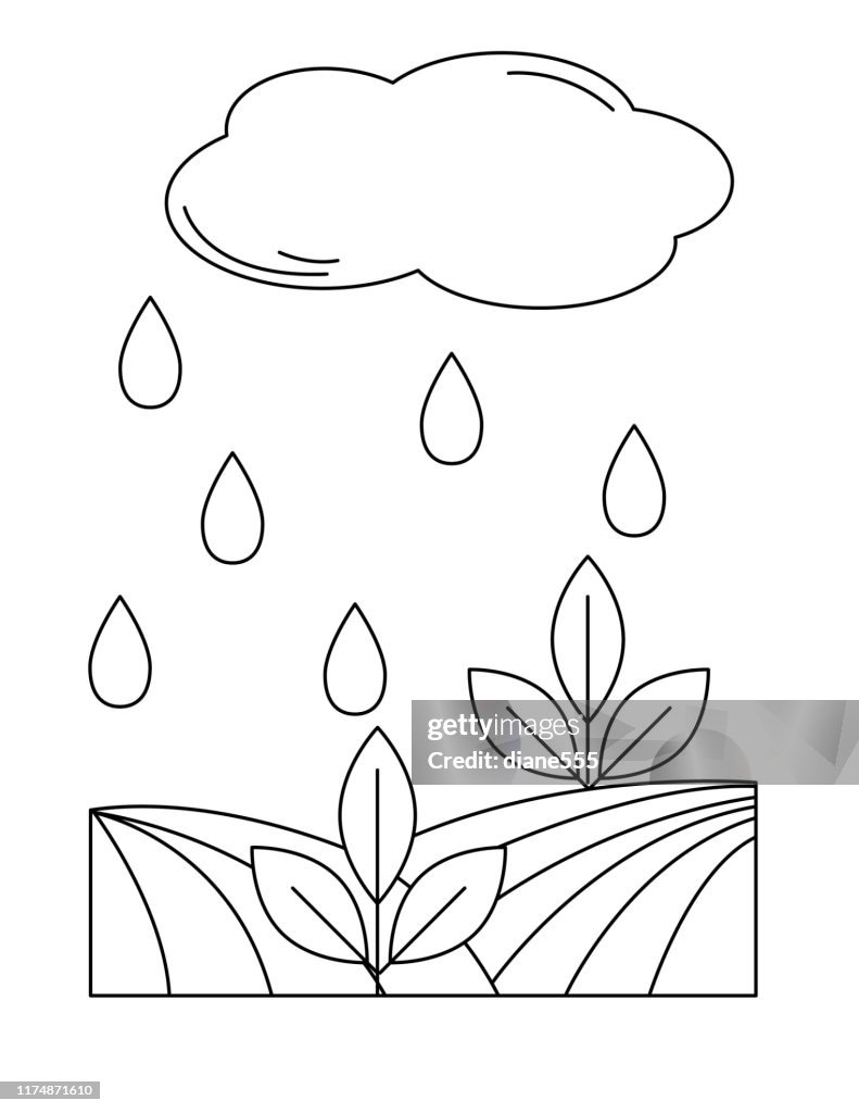 Cute childrens farm coloring book page rain on field high