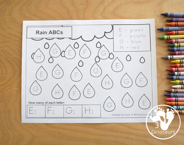 Free rain themed abc color count printable dinosaurs