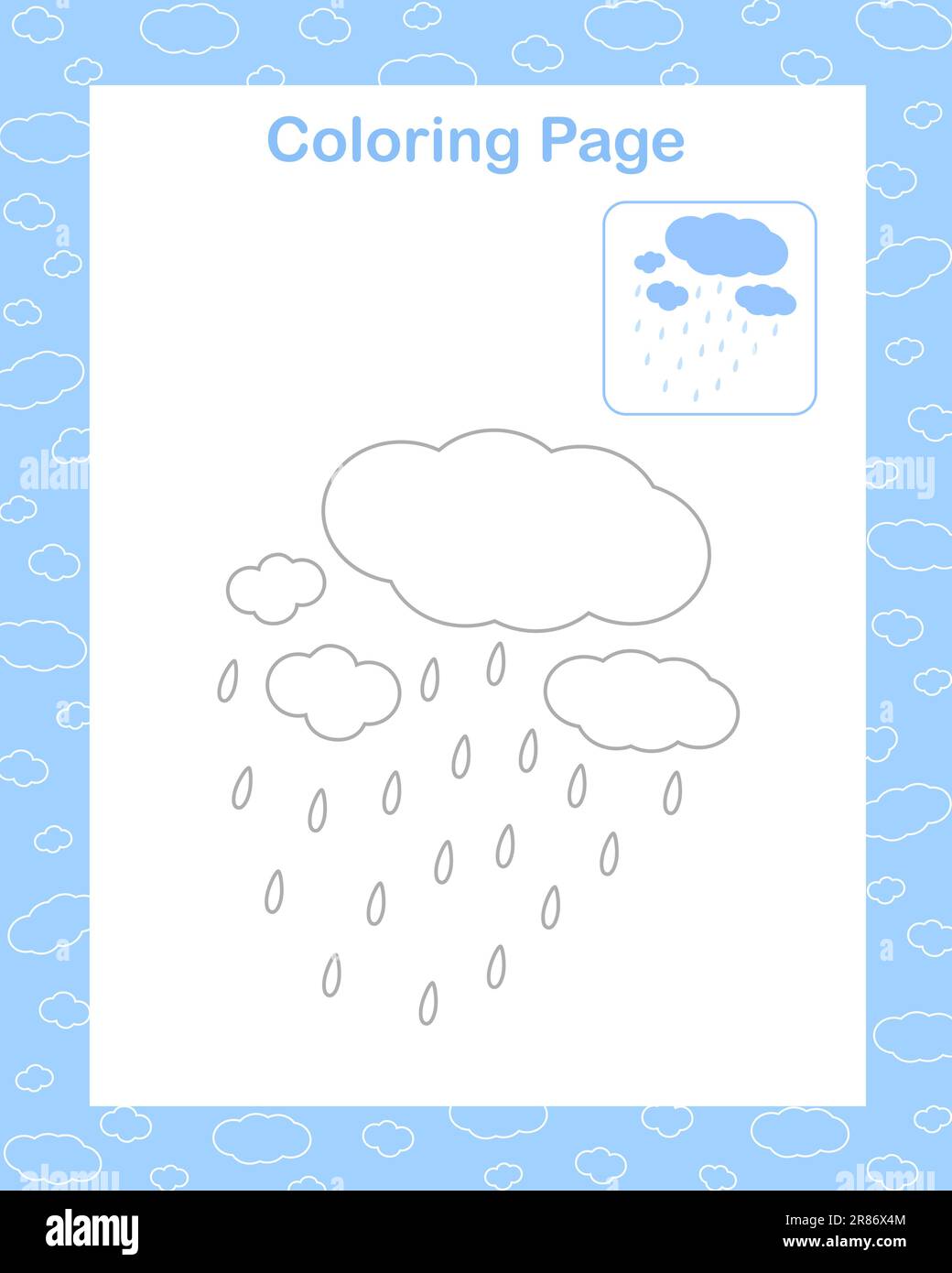 Cloud with rain drops simple cartoon coloring page with sample image vector illustration seasonal summer printable leisure activity worksheet environmental concept teachers resources stock vector image art