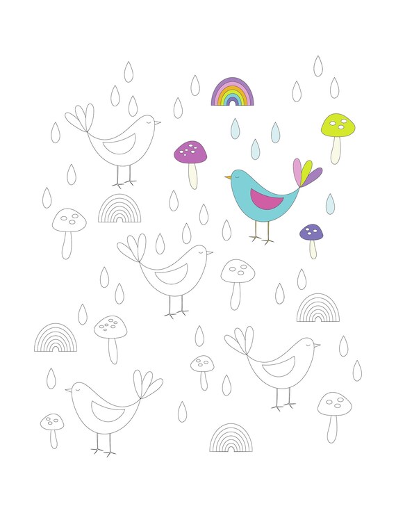 Bird coloring page rainbow mushroom rain spring coloring sheet printable pdf easter cute animal april showers bring may flowers