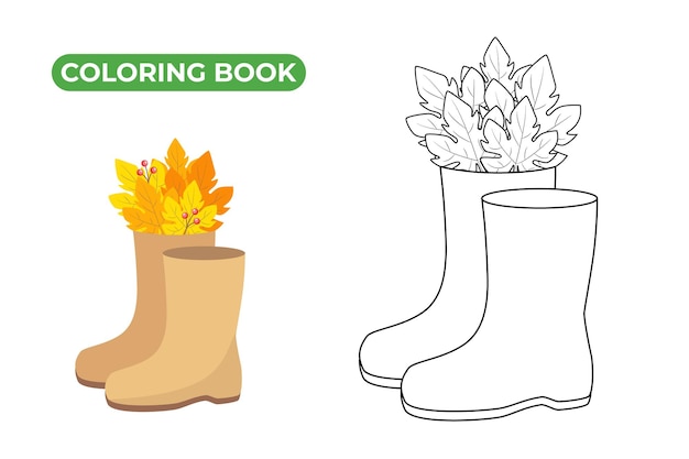 Premium vector rubber boots vector illustration autumn leaves and berries line drawing of shoes with bouquet coloring book