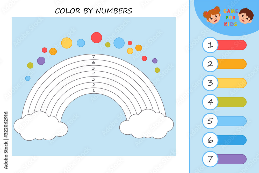 Educational children game vector colorful rainbow by number coloring page preschool printable worksheet activity vector