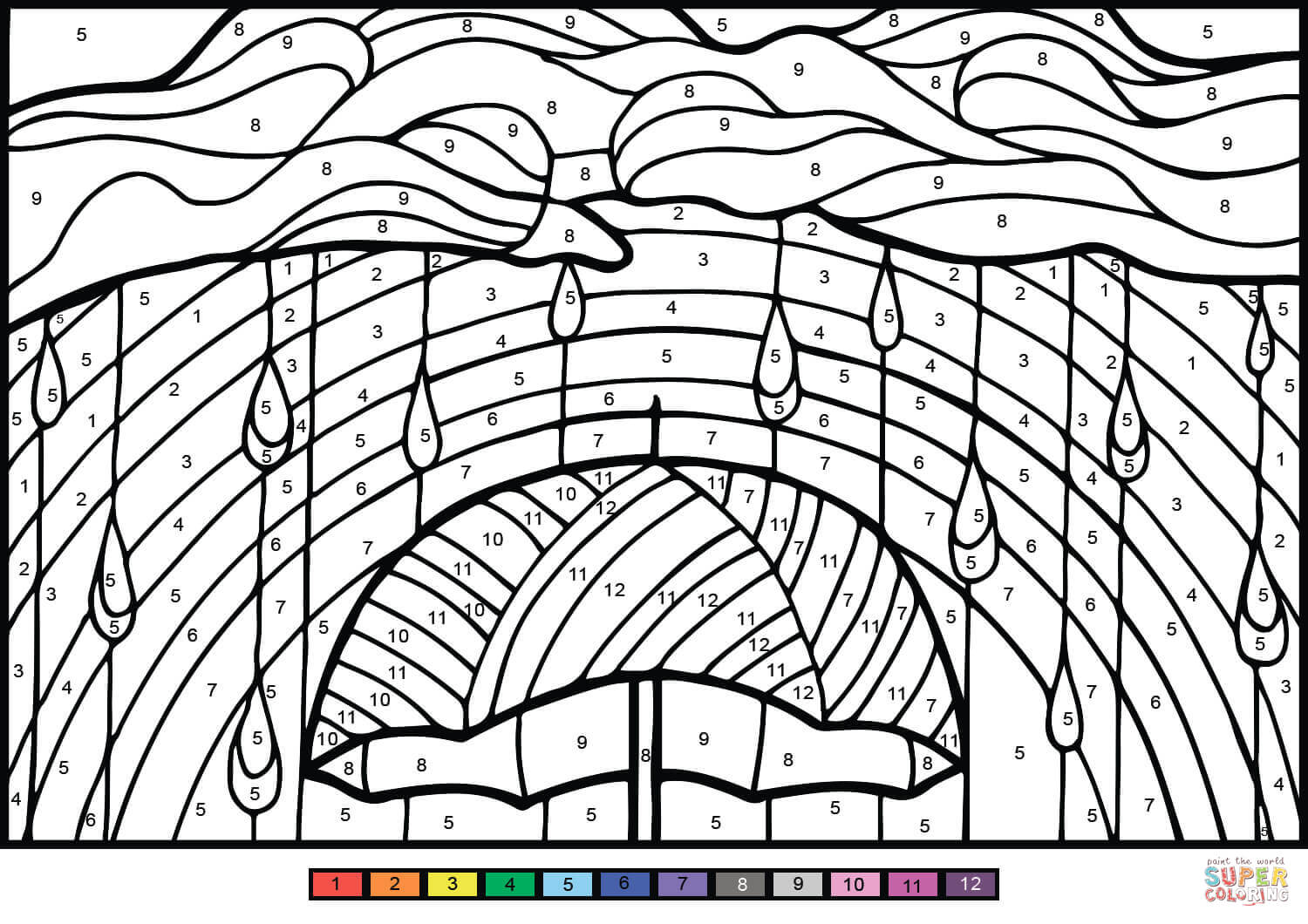 Rainbow color by number free printable coloring pages