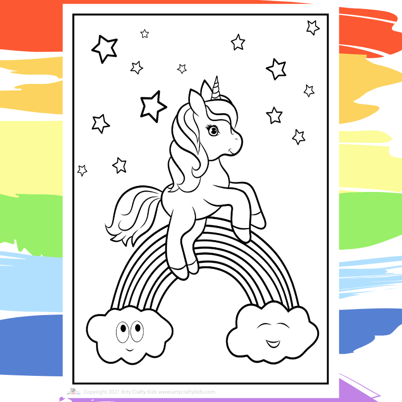 Over the rainbow unicorn coloring page