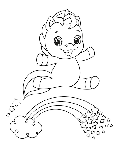 Premium vector happy cartoon unicorn flying over rainbow coloring page