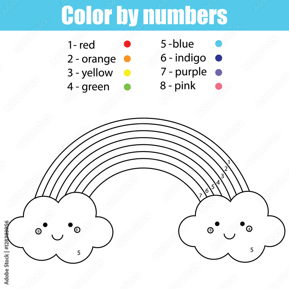 Coloring page with cute kawaii rainbow color by numbers vector