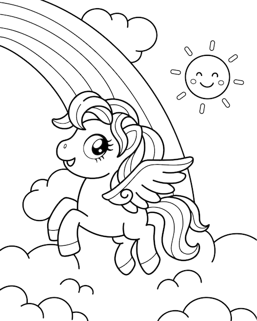 Premium vector unicorn flying on a cloud with a rainbow coloring page illustration