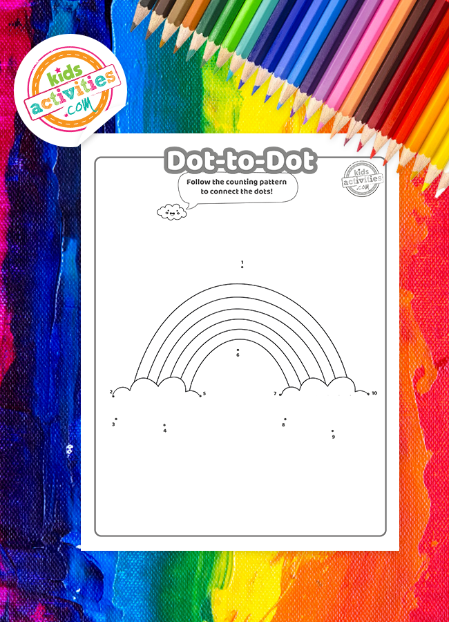 Free printable rainbow dot to dot coloring pages for kids